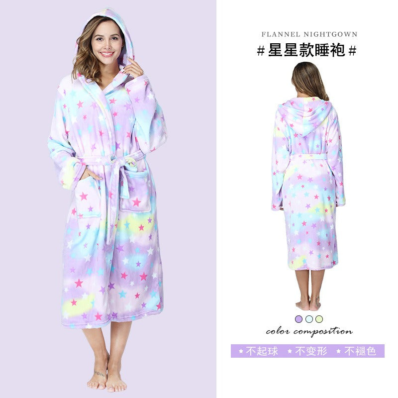 Wholesale Flannel Print Rainbow Hooded Big Pockets Autumn and Winter Long Couple Pajamas